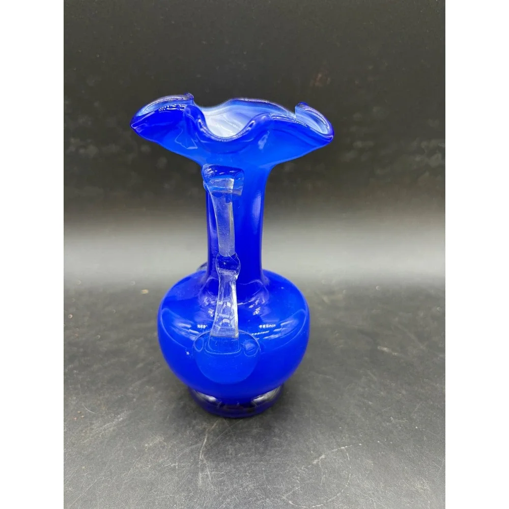 Vintage Cobalt Blue Art Glass Vase Ruffled Rim White‎ Opalescent Applied Handles